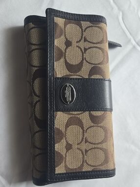 Coach Brown Signature Canvas Continental Wallet with Black Trim